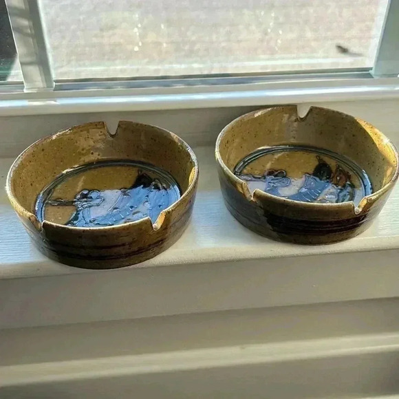 OTAGIRI Japanese Hand painted stoneware roadrunner ashtrays (2), mid-century MCM - Picture 7 of 10